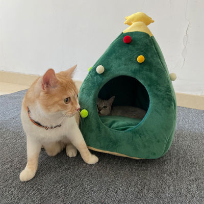 Giường chất lượng cao Mèo con Chó con có thể giặt được Giường vật nuôi ấm áp Cây thông Noel sang trọng Thảm hang động