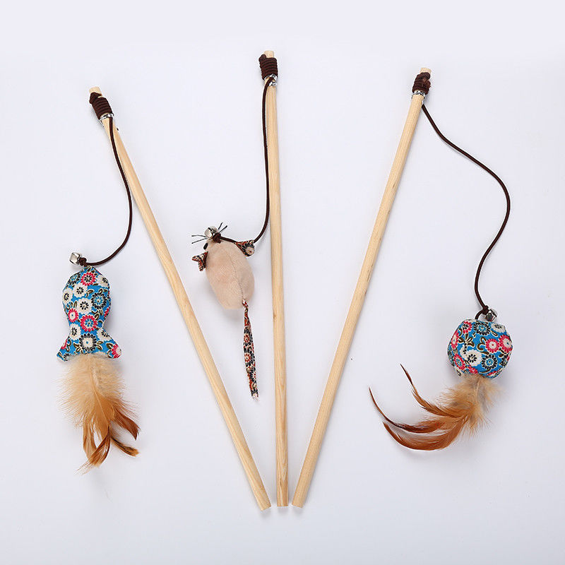 Gà hình con mèo Đồ chơi thú cưng Teaser Stick có lông Đồ chơi bằng gỗ cho mèo