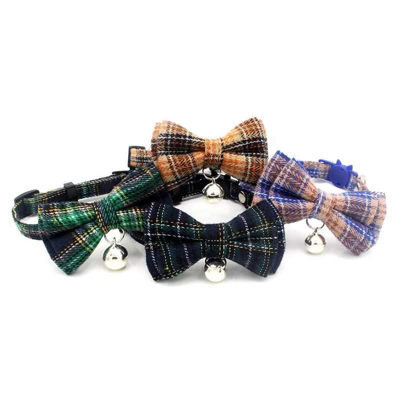 Scottish Tartan Bowtie Cat Collar Safety Buckle with Bell Cotton Width Điều chỉnh 13-22cm
