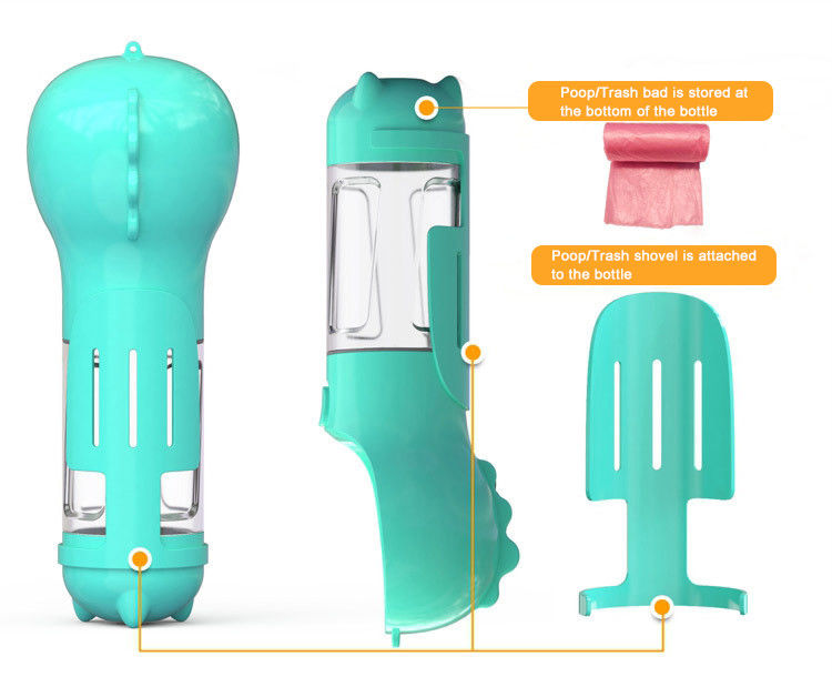 Đi bộ 2 trong 1 Bình nước cho chó với túi đựng phân và muỗng đựng thức ăn cho thú cưng không chứa BPA