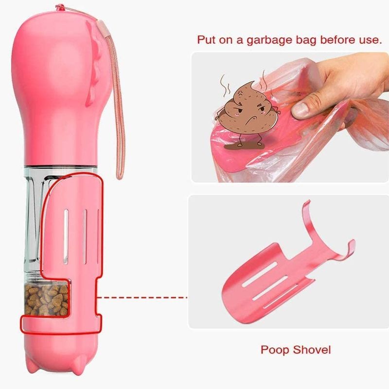 Chai nước màu hồng chống rò rỉ di động 4 In1 với hộp đựng thức ăn &amp; túi đựng chất thải